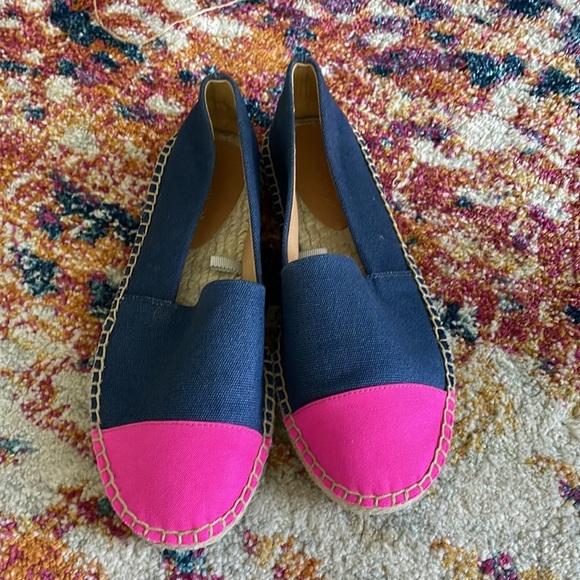J. Crew Pink Navy Blue Canvas Colorblock cap-toe slip-on espadrilles - Picture 2 of 8